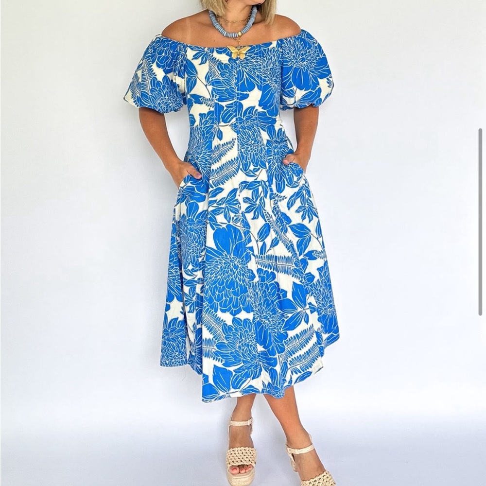 Blue Floral Off-Shoulder Dress